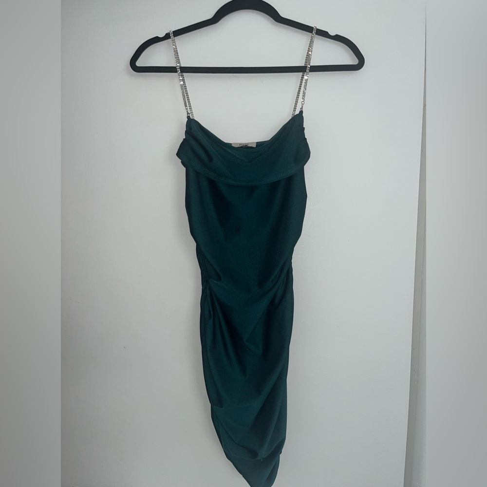 Dark Green Mini Dress Rhinestone Straps